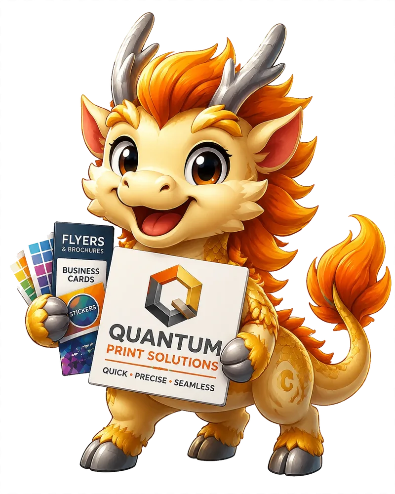 Quantum Print Solutions Qilin mascot with flyers, brochures, business cards and stickers